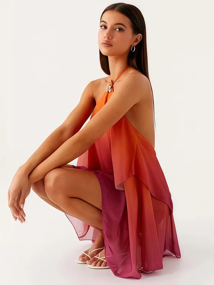 Rihana - Backless Halter-Neck Mini Vacation Dress
