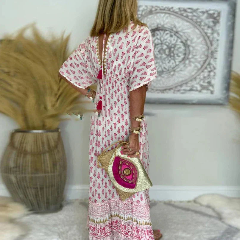Ava | Women's Boho Tassel Detail Short Sleeve Maxi Dress