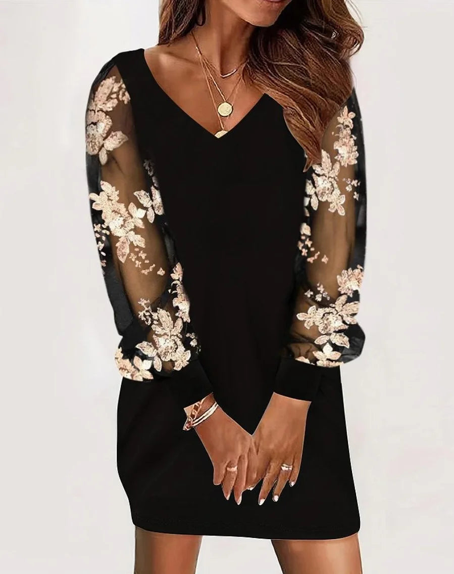 Marielle | Women Elegant Mini Dress with Sheer Mesh Sleeves and Floral Lace Detail
