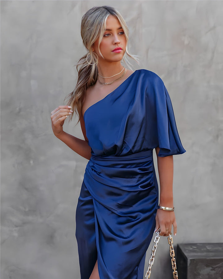 Breanie - Elegant One Shoulder Cocktail Midi Dress