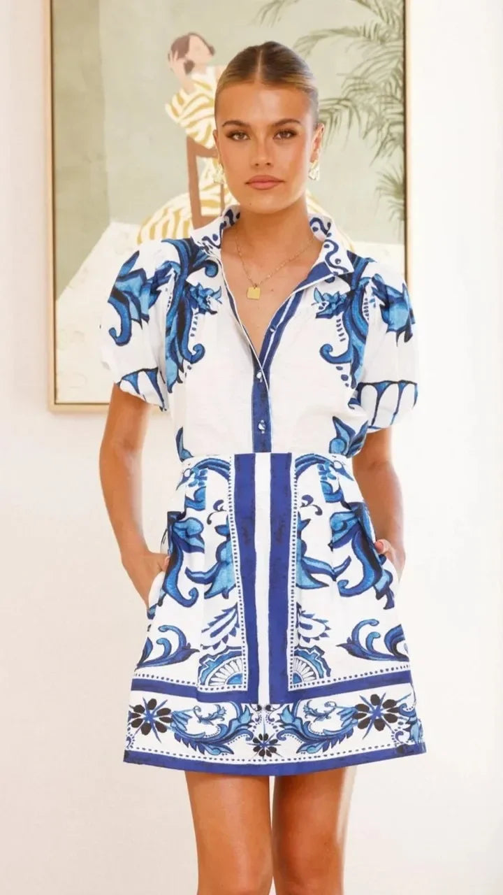 Isla | Women's Floral Puff Sleeve Mini Shirt Sundress