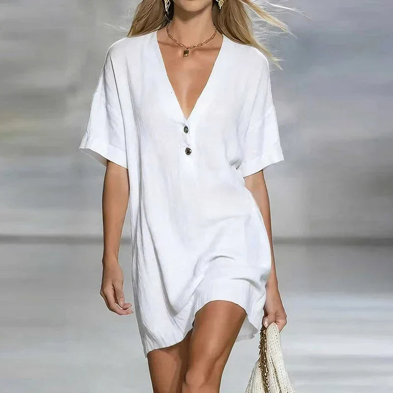 Sofia - Women’s Chic Button-Front Linen Shirt Dress