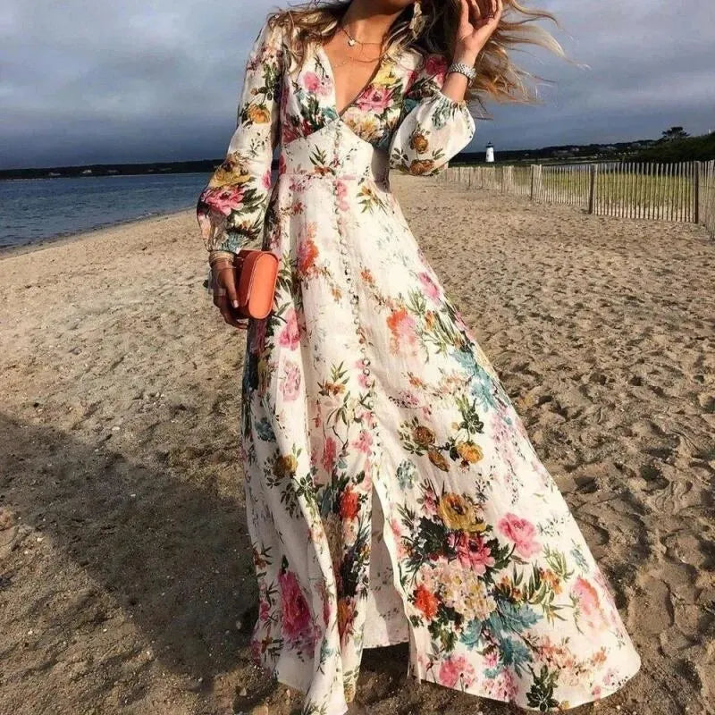 Stella | Women’s Boho Floral Long Sleeve Beach Maxi Dress