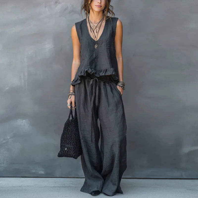 Summer - Women Sleeveless Ruffle Top & Pants Resort Set