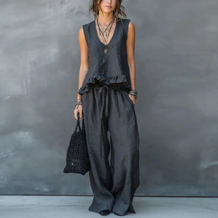 Summer - Women Sleeveless Ruffle Top & Pants Resort Set