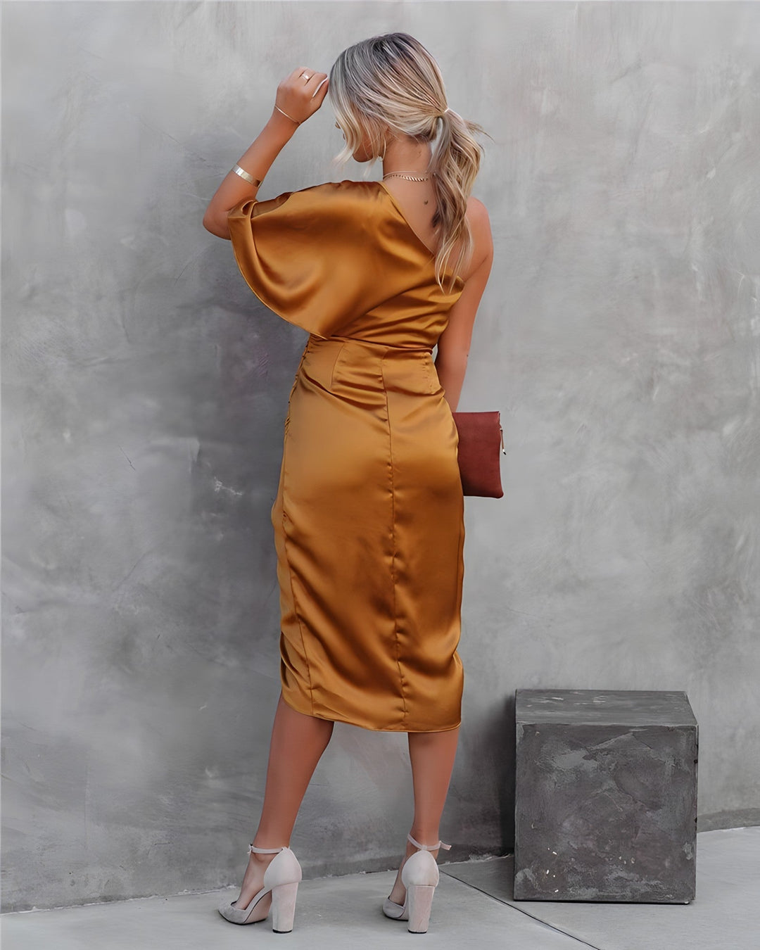 Breanie - Elegant One Shoulder Cocktail Midi Dress
