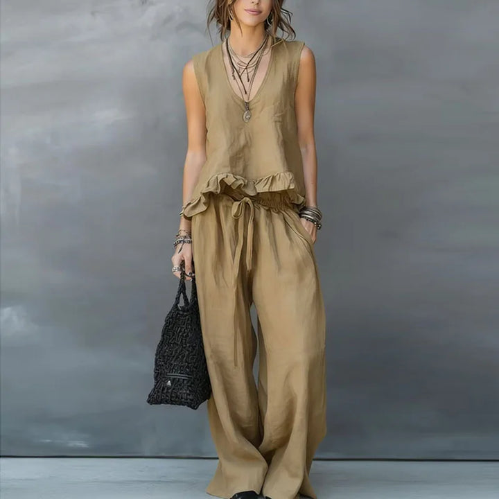 Summer - Women Sleeveless Ruffle Top & Pants Resort Set