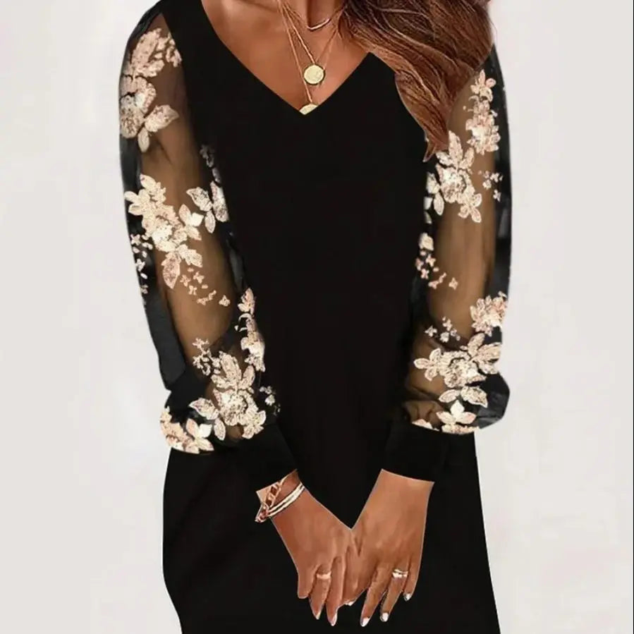 Marielle | Women Elegant Mini Dress with Sheer Mesh Sleeves and Floral Lace Detail
