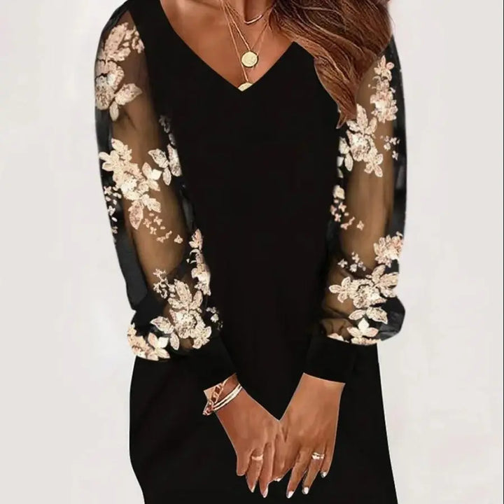 Marielle | Women Elegant Mini Dress with Sheer Mesh Sleeves and Floral Lace Detail