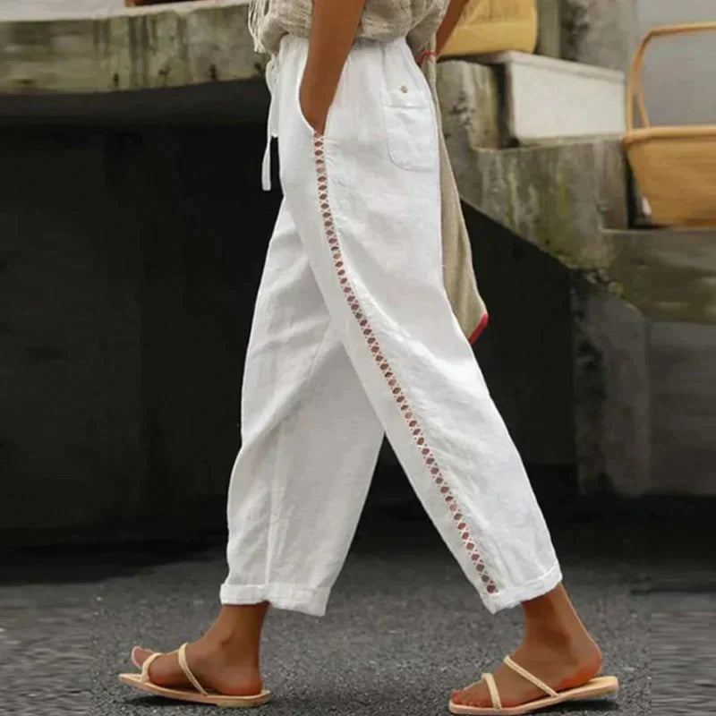 Loura | Women Linen Pants Tapered Leg Side Stripe