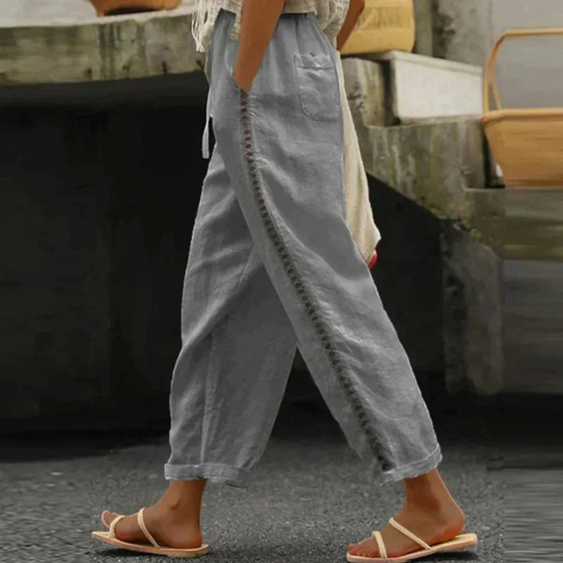 Loura | Women Linen Pants Tapered Leg Side Stripe
