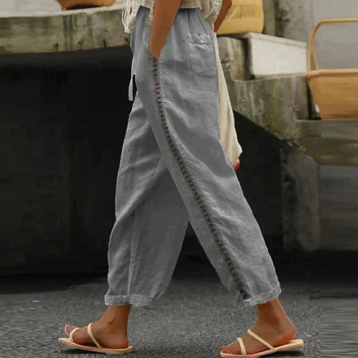 Loura | Women Linen Pants Tapered Leg Side Stripe