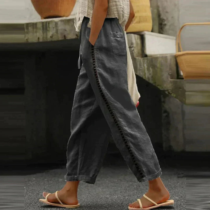 Loura | Women Linen Pants Tapered Leg Side Stripe