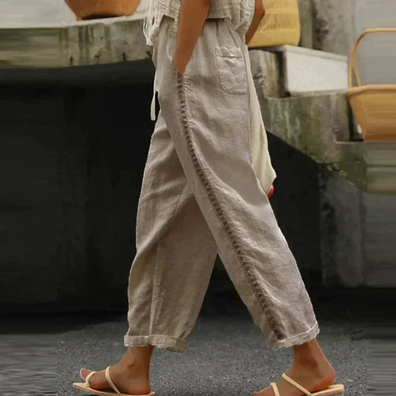 Loura | Women Linen Pants Tapered Leg Side Stripe