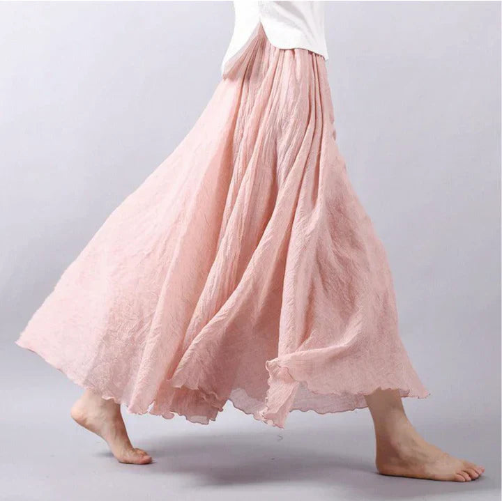 Vangie | Women Bohemian Linen Maxi Skirt with Elastic Waistband