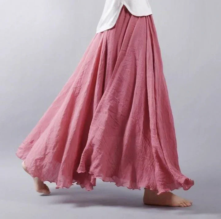 Vangie | Women Bohemian Linen Maxi Skirt with Elastic Waistband