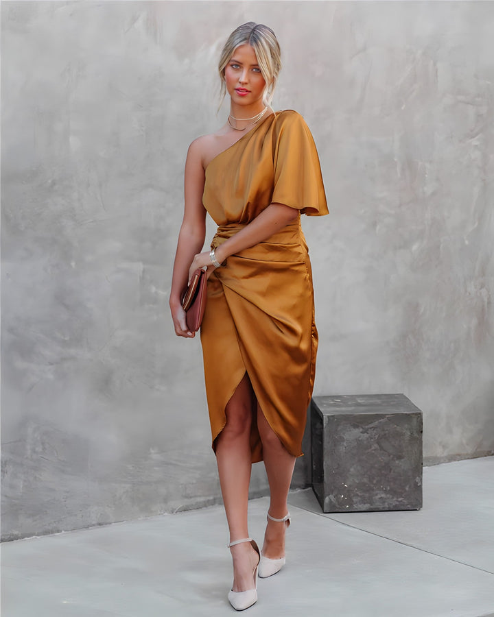 Breanie - Elegant One Shoulder Cocktail Midi Dress