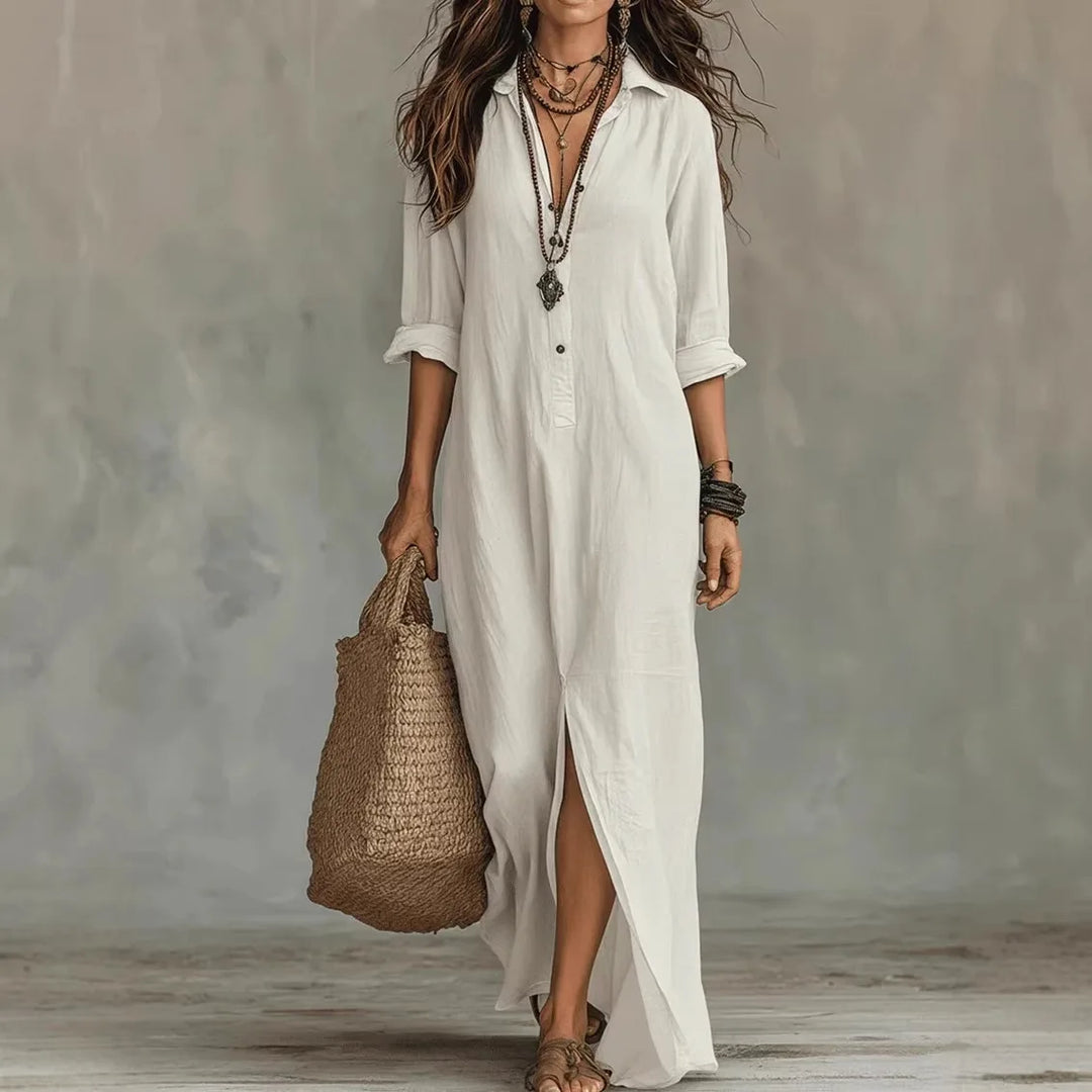 Agnes - Chic Boho Linen Long Shirt Dress