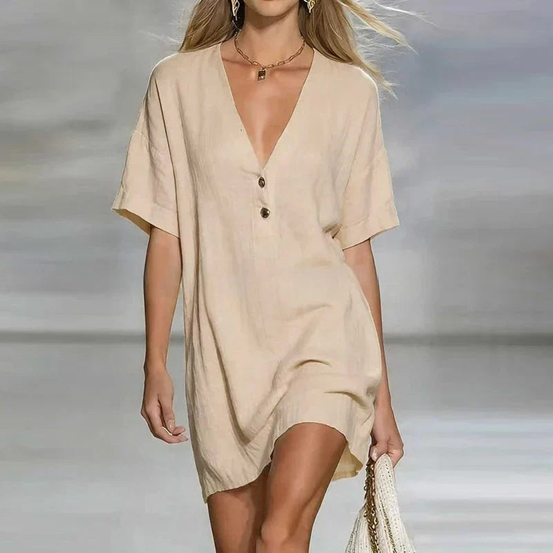 Sofia - Women’s Chic Button-Front Linen Shirt Dress