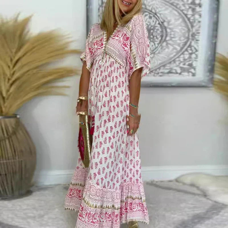 Ava | Women's Boho Tassel Detail Short Sleeve Maxi Dress