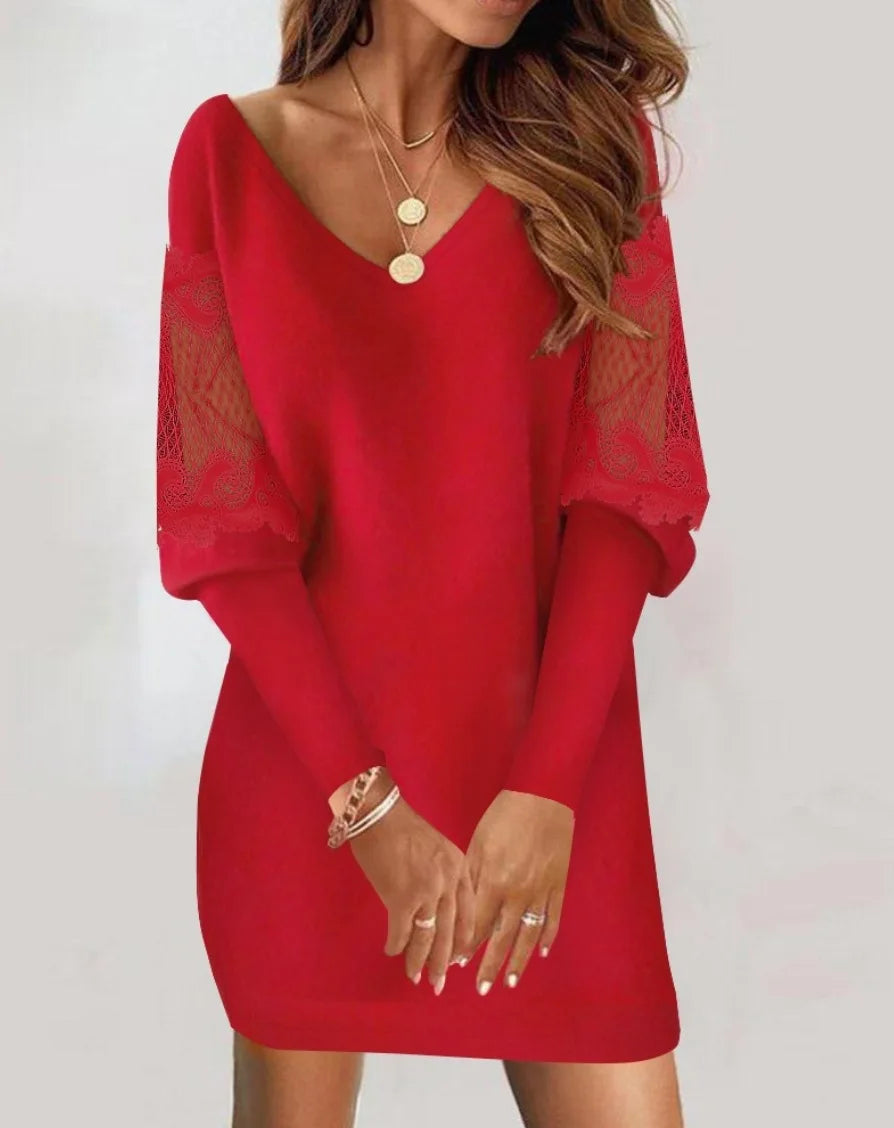 Marielle | Women Elegant Mini Dress with Sheer Mesh Sleeves and Floral Lace Detail