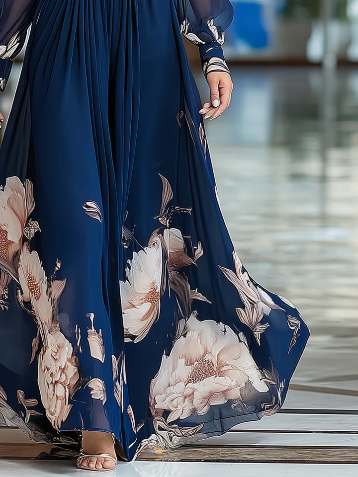 Luara - Women Pleated Square-Neck Floral Maxi Dress