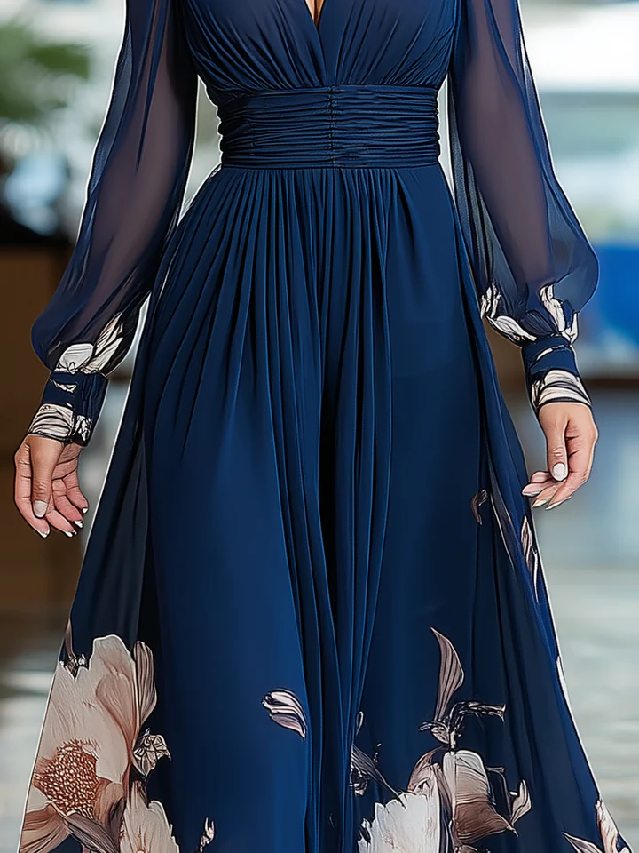 Luara - Women Pleated Square-Neck Floral Maxi Dress