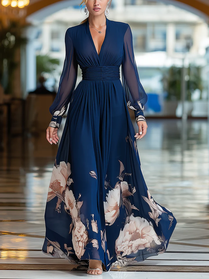 Luara - Women Pleated Square-Neck Floral Maxi Dress