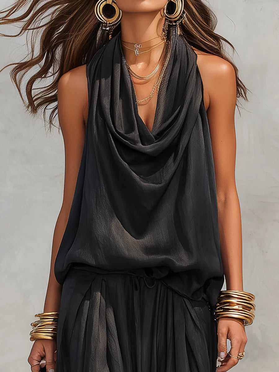 Nelly - Women Elegant Black Halter-Neck Two Piece Set