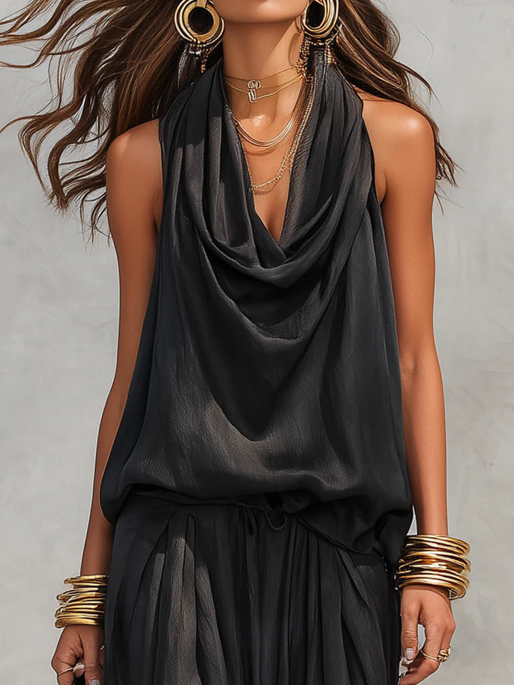 Nelly - Women Elegant Black Halter-Neck Two Piece Set
