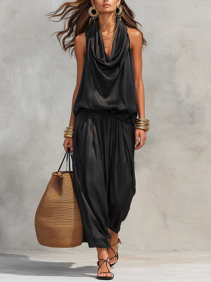 Nelly - Women Elegant Black Halter-Neck Two Piece Set