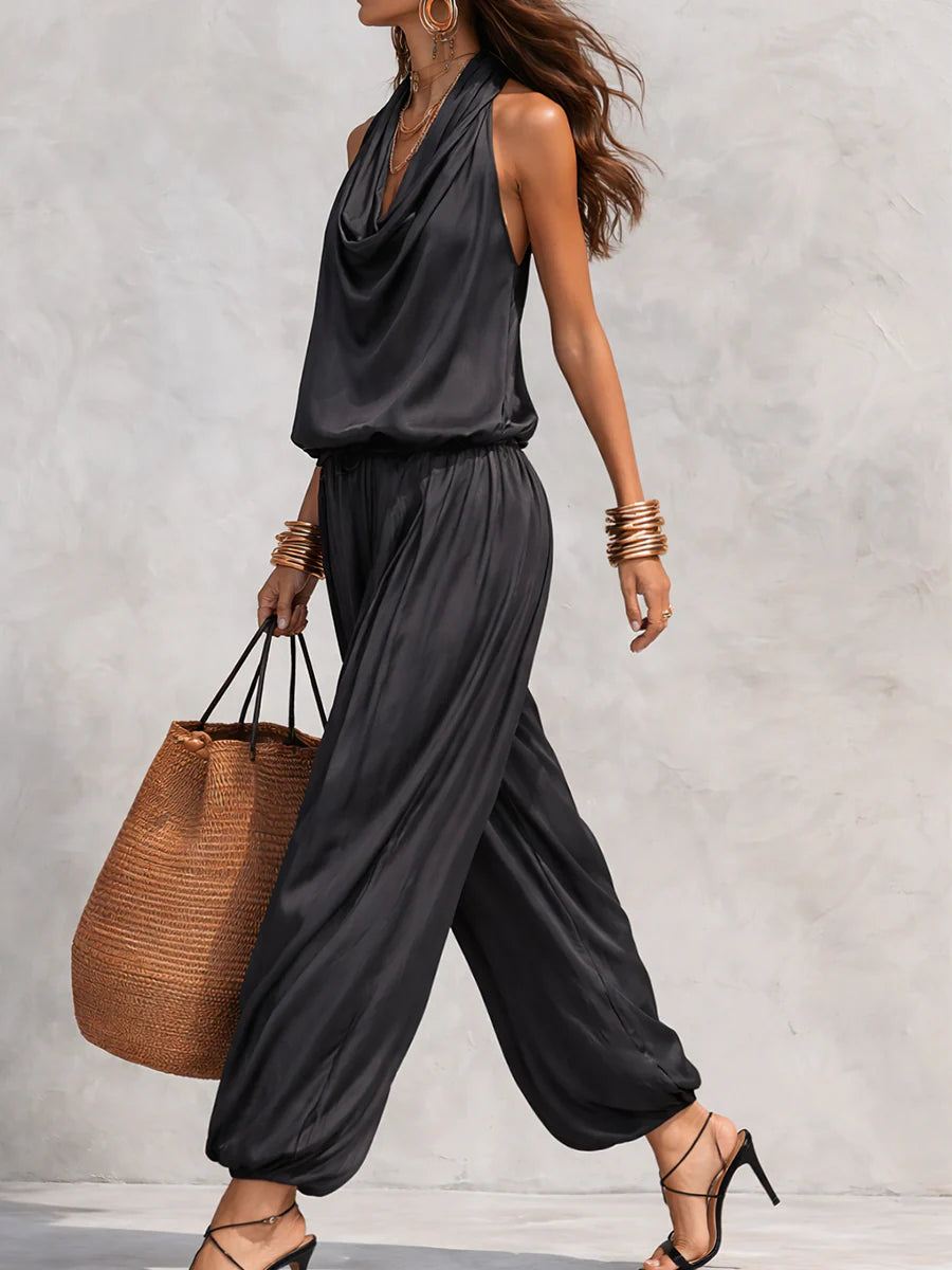 Nelly - Women Elegant Black Halter-Neck Two Piece Set
