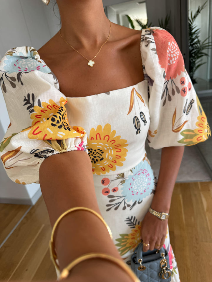Ava - Elegant Square Neck Floral Print Midi Dress