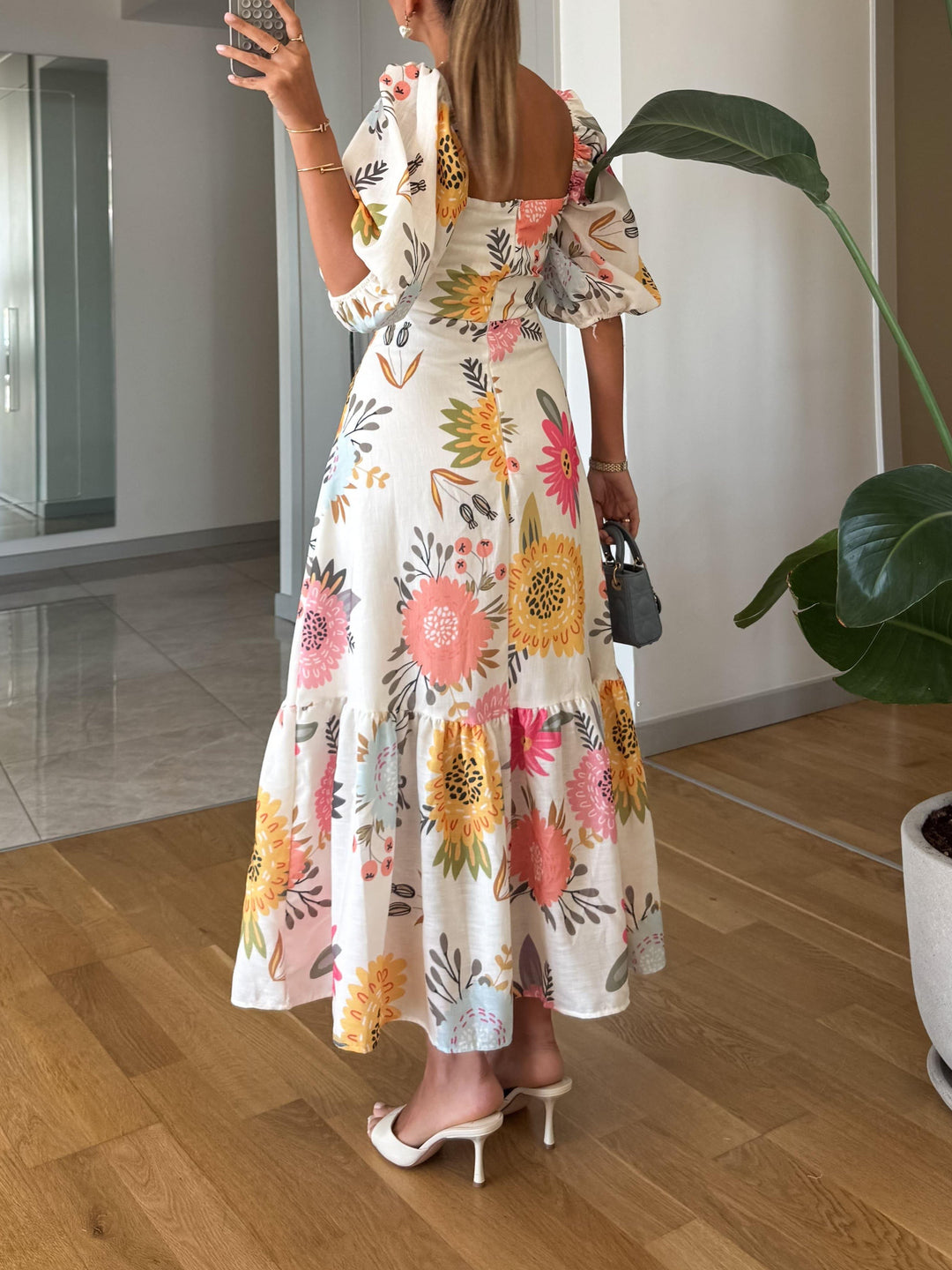 Ava - Elegant Square Neck Floral Print Midi Dress