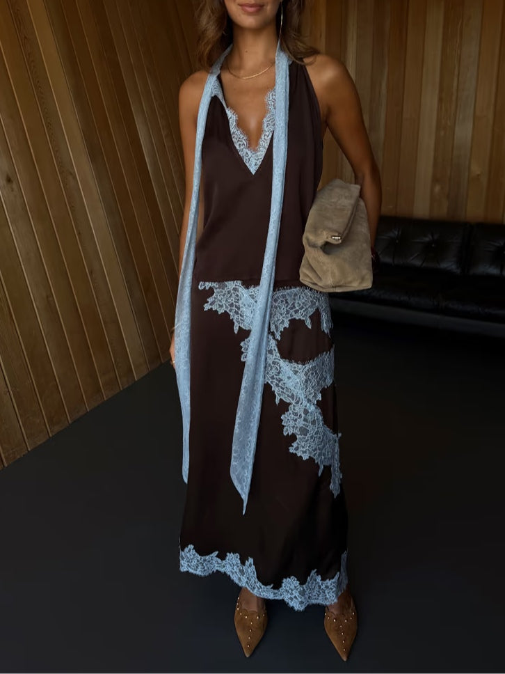 Susan - Elegant Lace Panel Halter Top and Skirt Set with Satin Maxi Skirt