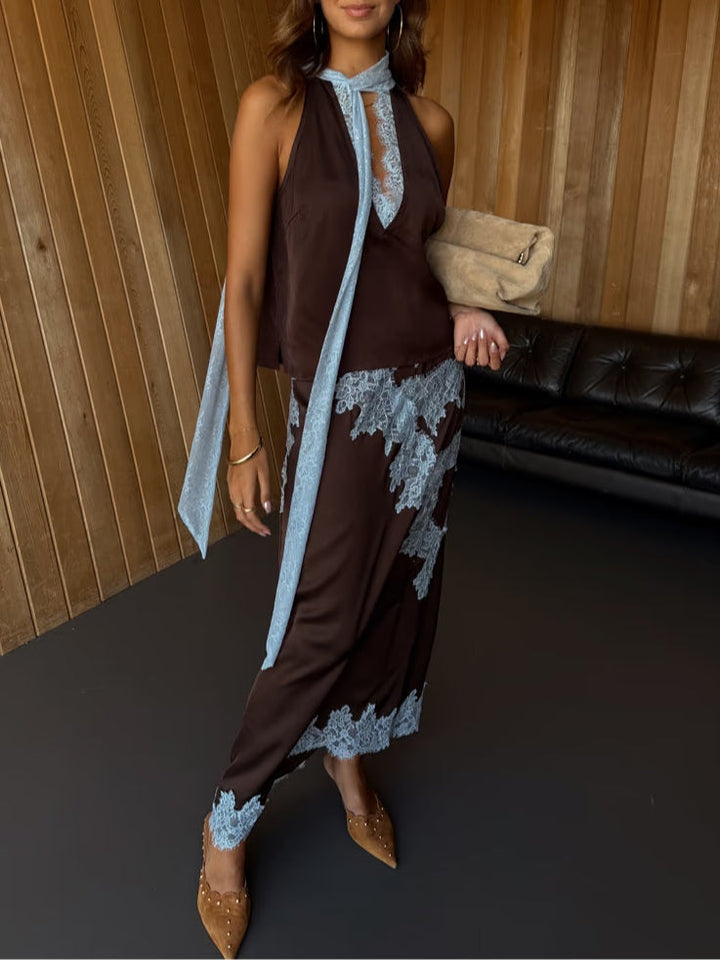 Susan - Elegant Lace Panel Halter Top and Skirt Set with Satin Maxi Skirt