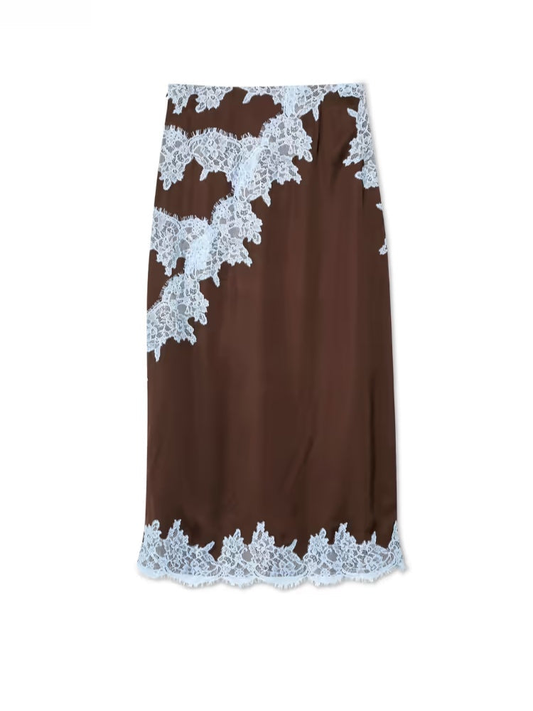 Susan - Elegant Lace Panel Halter Top and Skirt Set with Satin Maxi Skirt