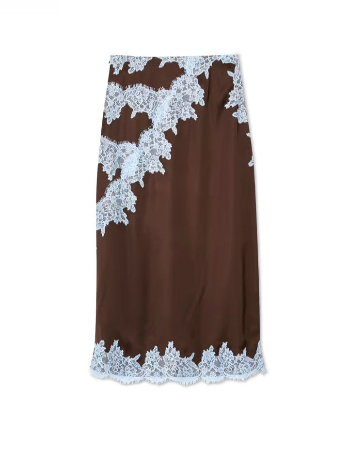 Susan - Elegant Lace Panel Halter Top and Skirt Set with Satin Maxi Skirt