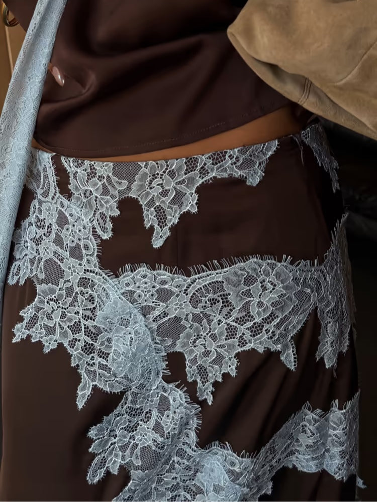 Susan - Elegant Lace Panel Halter Top and Skirt Set with Satin Maxi Skirt