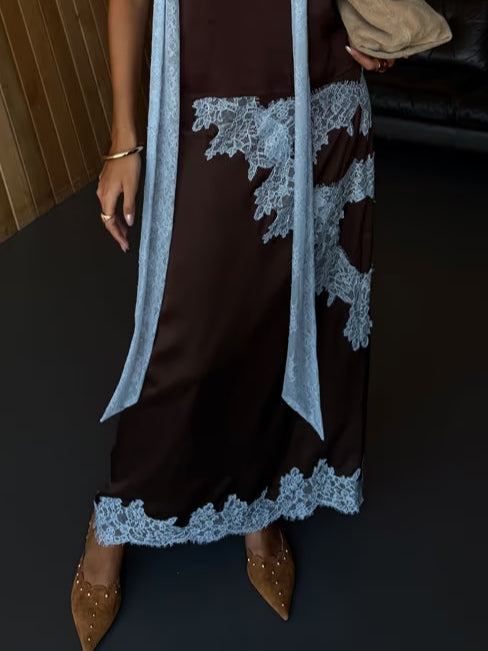 Susan - Elegant Lace Panel Halter Top and Skirt Set with Satin Maxi Skirt
