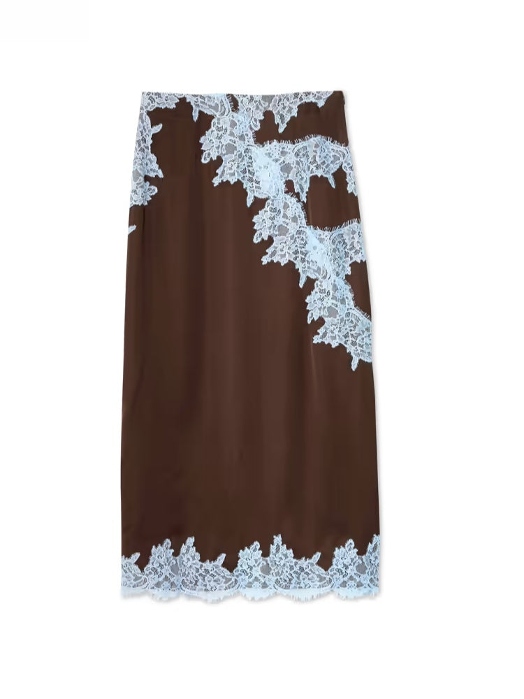 Susan - Elegant Lace Panel Halter Top and Skirt Set with Satin Maxi Skirt
