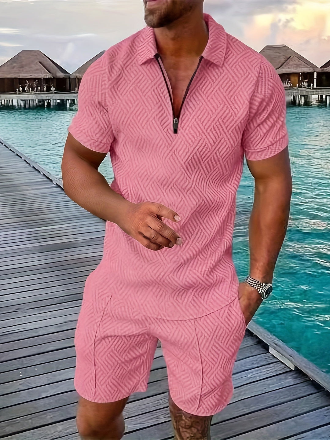 Yves | Men’s Lightweight Textured Summer Polo Shorts Set