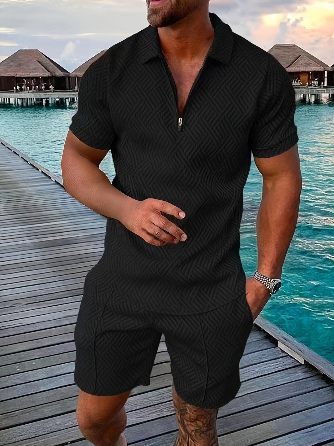 Yves | Men’s Lightweight Textured Summer Polo Shorts Set