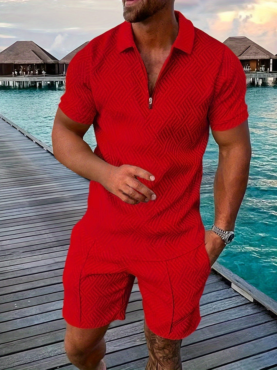 Yves | Men’s Lightweight Textured Summer Polo Shorts Set
