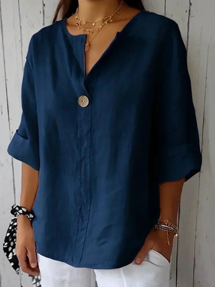 Jacinda | Cotton Linen Blend V-Neck Blouse with 3/4 Roll-Up Sleeves