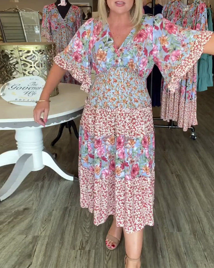 V-Neck Lotus Sleeve Floral Dress
