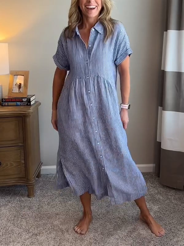 Gloria - Women’s Striped Button-Up White Dress