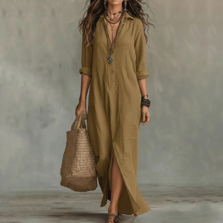 Sarie - Women Elegant Linen Shirt Maxi Dress
