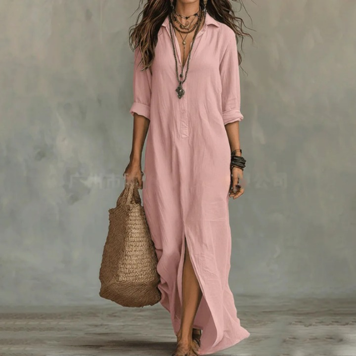 Sarie - Women Elegant Linen Shirt Maxi Dress