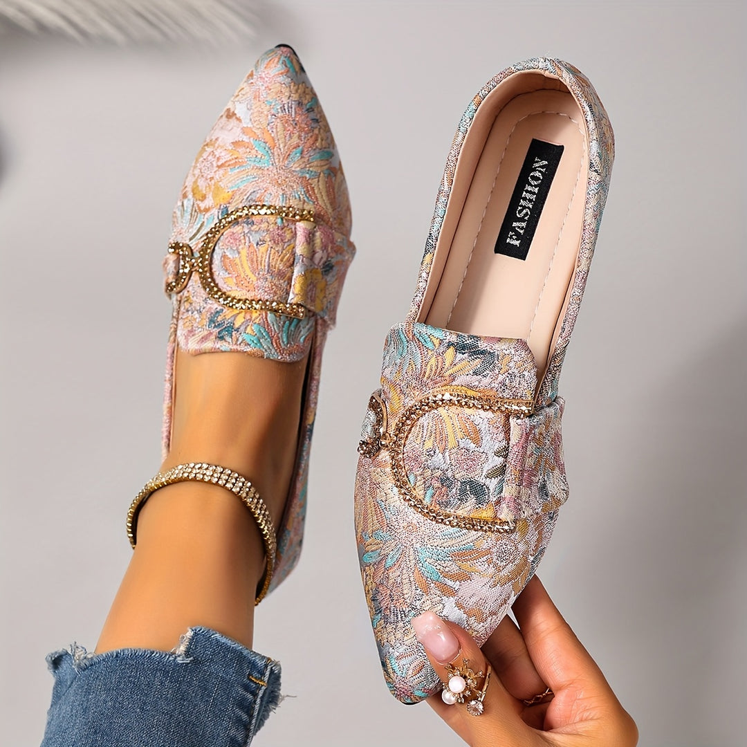 Elegant Pointed Toe Floral Rhinestone Buckle Flat Shoes